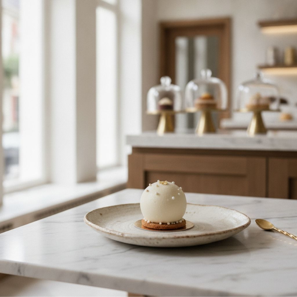 A white domed mousse cake topped with tiny pearls on a small round biscuit, placed on a ceramic plate at a marble counter in a bakery.