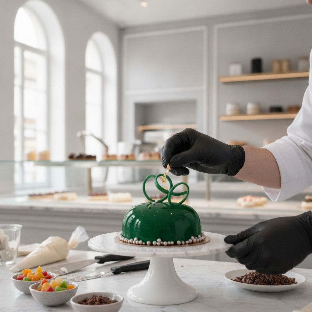 Chef wearing black gloves decorates a glossy green mirror-glazed cake on a white cake stand in a bright bakery setting.