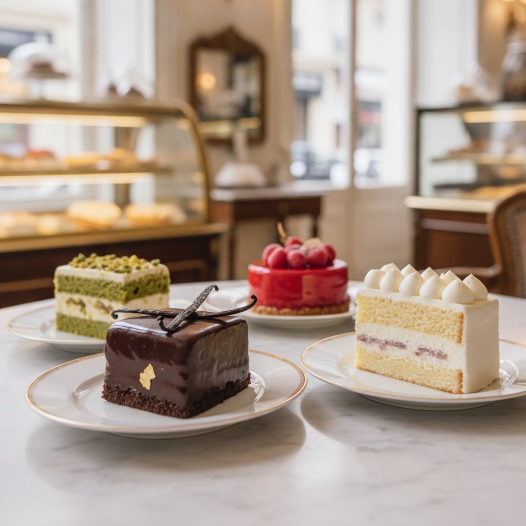 Assorted cakes on white plates placed on a marble table inside a bakery with glass display cases in the background.