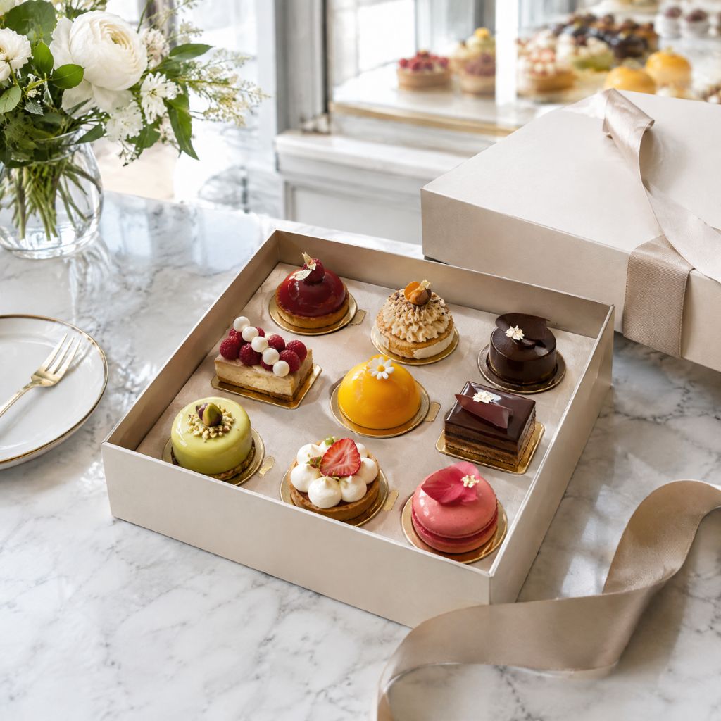 Box of nine colorful pastries arranged in a gift box on a marble table, with a bouquet and bakery display in the background.