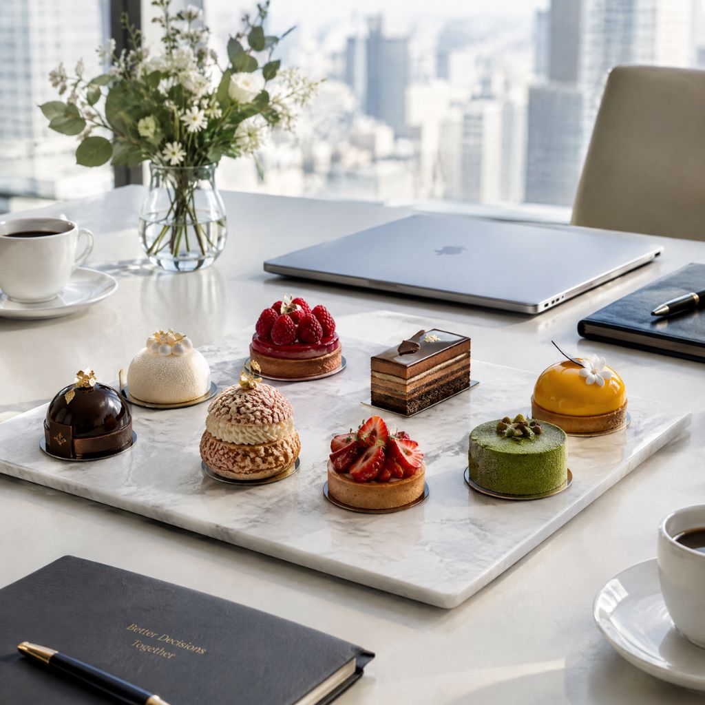 Assorted small pastries arranged on a marble board in a bright office with a city skyline, laptop, notebook, and coffee cups nearby.