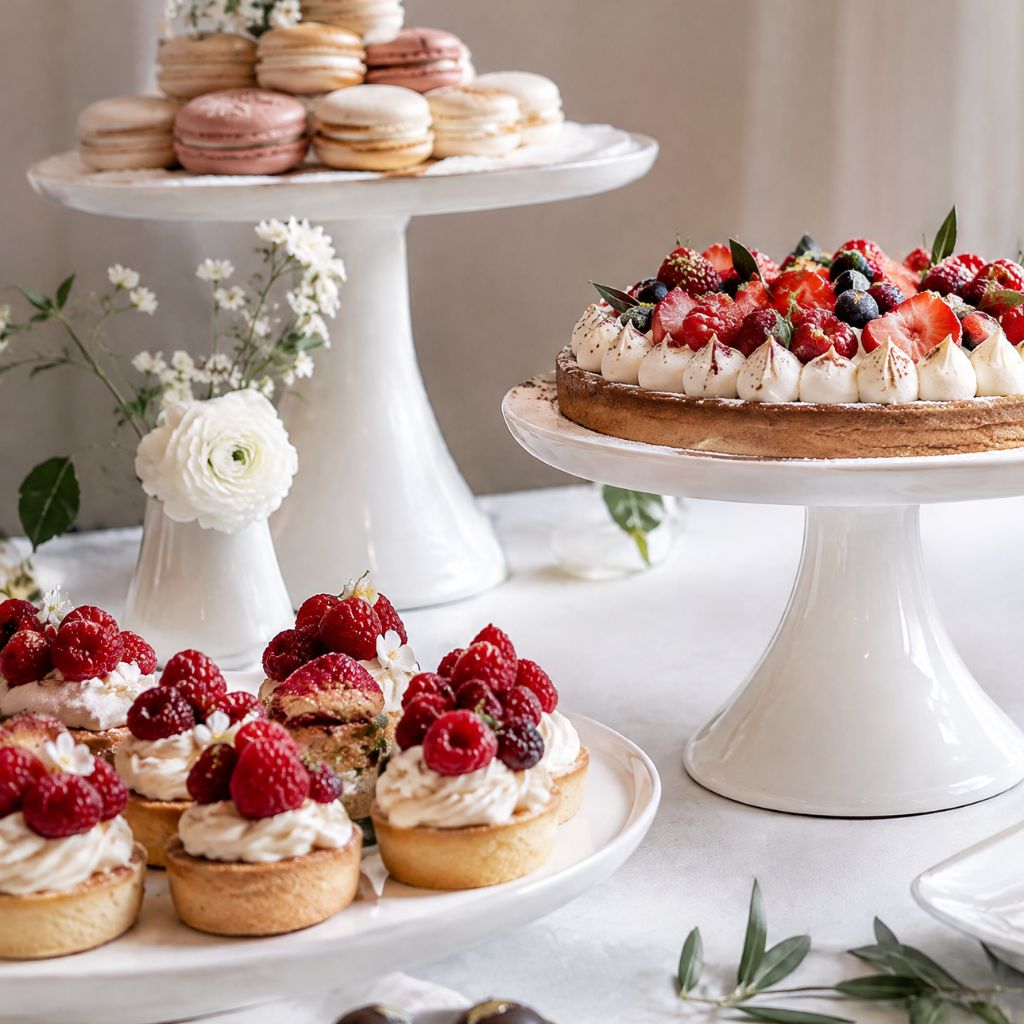 Assorted desserts on white cake stands, including macarons and berry-topped tarts and cupcakes on a dessert table.