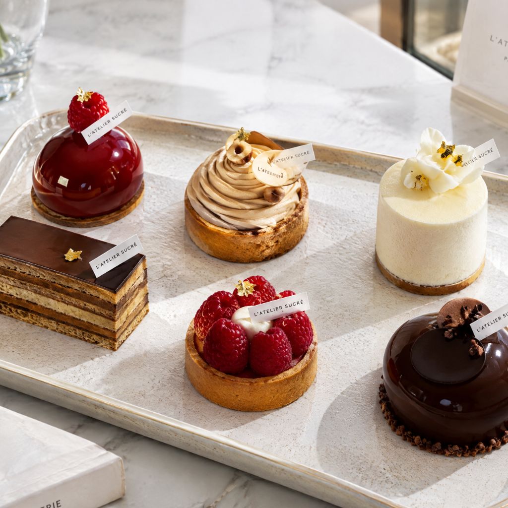 Six pastries on a marble tray: glossy red dome dessert, raspberry tart, chocolate layered pastry, cream‑puff topped with white flower, vanilla mousse cake, and a shiny chocolate cake with hazelnuts.