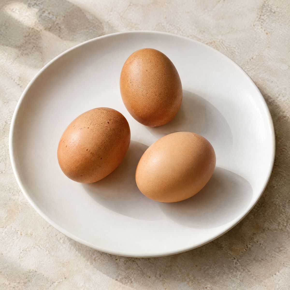 Three brown eggs on a white plate viewed from above with a light countertop background.