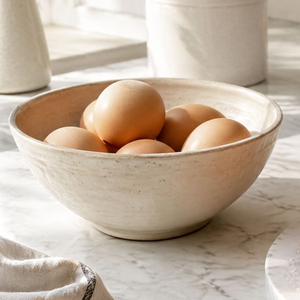 Cream ceramic bowl filled with brown eggs on a marble countertop.