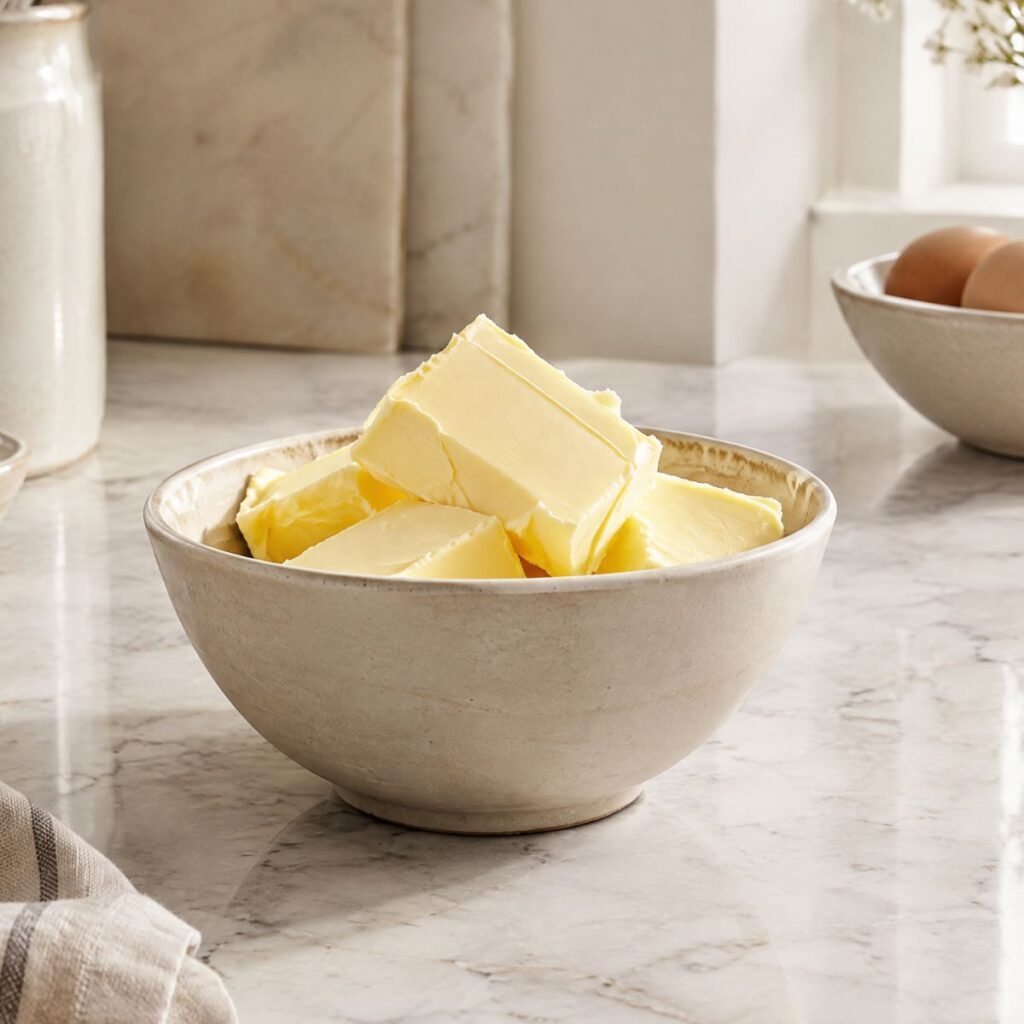 White ceramic bowl with pats of butter on a marble kitchen counter