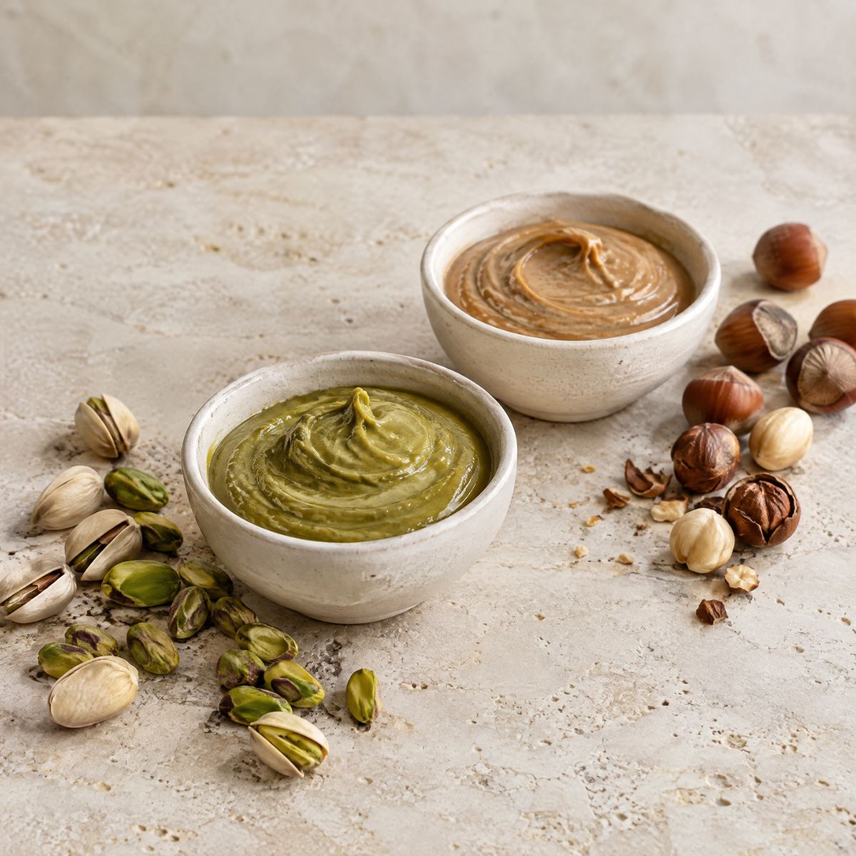 Two small ceramic bowls containing creamy pistachio (green) and hazelnut/choco-hazelnut (brown) spreads on a light stone surface, with pistachios and shells scattered nearby.