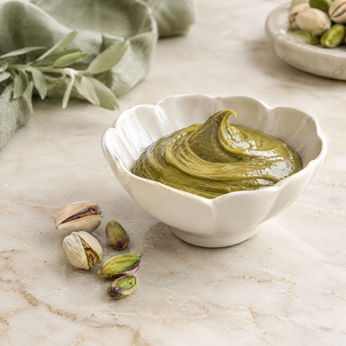 White scalloped bowl filled with pistachio paste on a marble surface, with shelled pistachios nearby and a green cloth in the background.